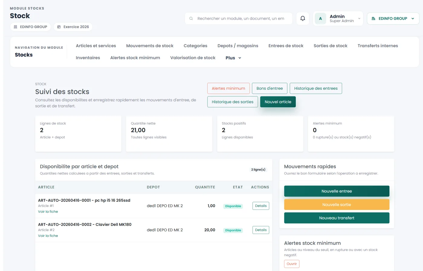 Interface de gestion des stocks LINE ERP