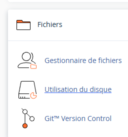 Section Fichiers de cPanel avec l’outil Utilisation du disque mis en évidence à côté de Gestionnaire de fichiers