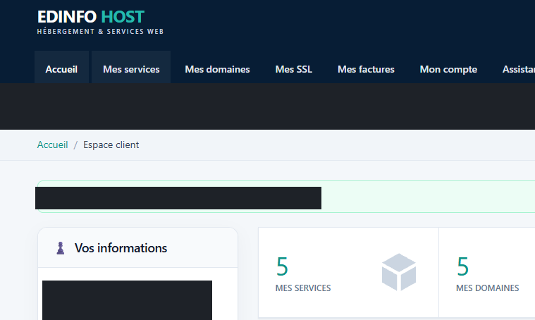 Espace client EDINFO HOST avec le menu Mes services mis en évidence dans la barre de navigation