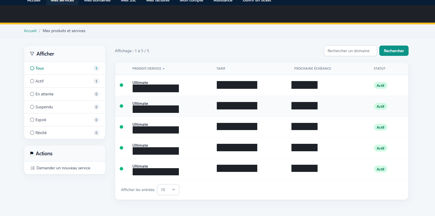 Liste des hébergements actifs dans l’Espace client, avec le statut Actif pour chaque service