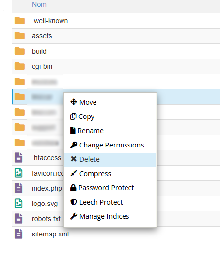 Gestionnaire de fichiers cPanel avec le menu contextuel d’un dossier ouvert sur l’option Delete