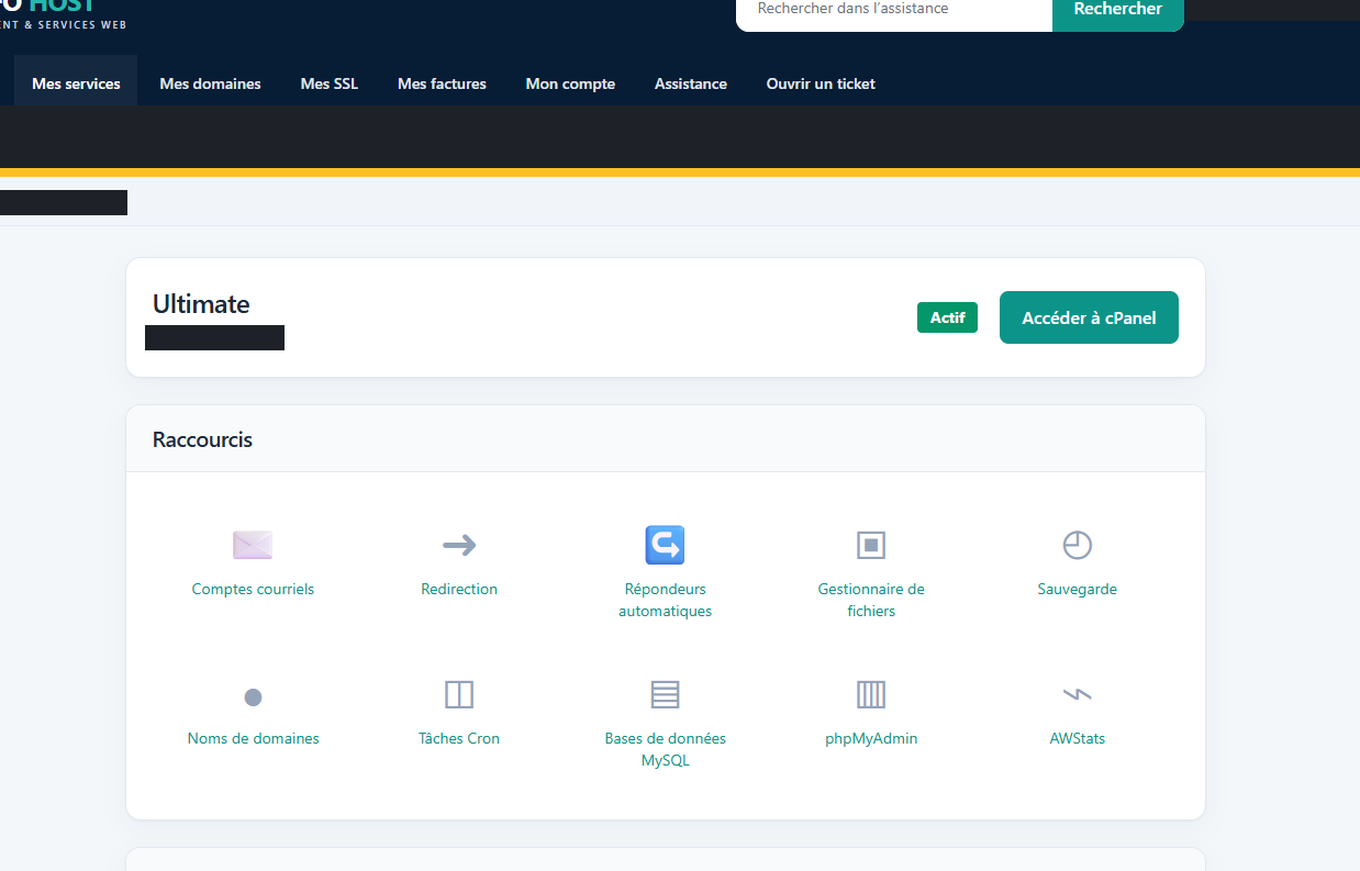Page de détail d’un hébergement avec le bouton Accéder à cPanel et les raccourcis vers les outils cPanel