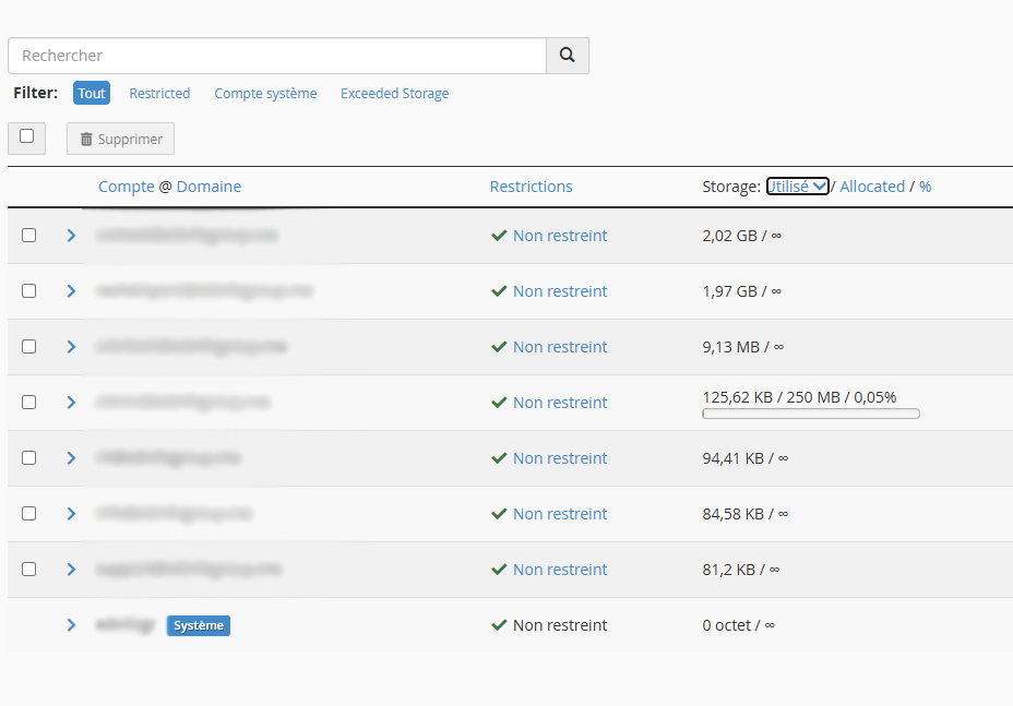 Liste des comptes courriels dans cPanel avec la colonne Storage indiquant l’espace utilisé par chaque boîte