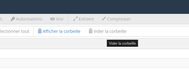 Barre d’outils du Gestionnaire de fichiers cPanel avec les options Afficher la corbeille et Vider la corbeille