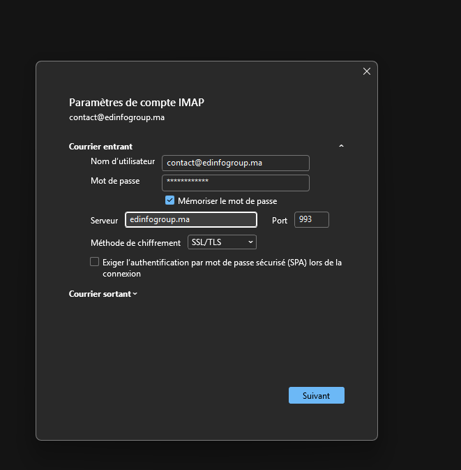 Fenêtre Paramètres de compte IMAP avec le courrier entrant : serveur, port 993 et chiffrement SSL/TLS